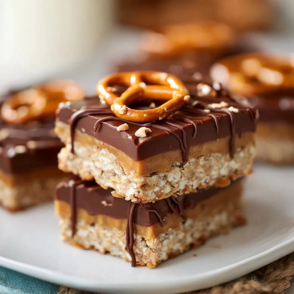 No-bake peanut butter pretzel bars on a plate, topped with chocolate drizzle.