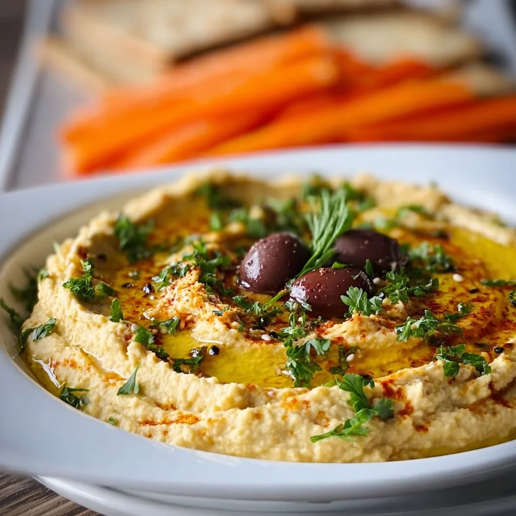 Delicious olive hummus served with pita chips and fresh vegetables