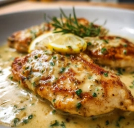 One Skillet Chicken with Lemon Garlic Cream Sauce ready to serve
