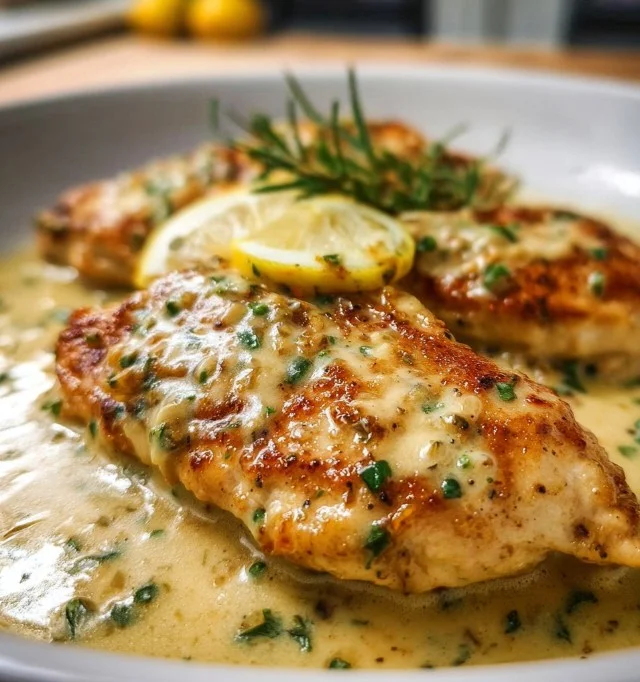 One Skillet Chicken with Lemon Garlic Cream Sauce ready to serve