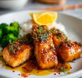 A delicious pan fried orange salmon fillet garnished with herbs