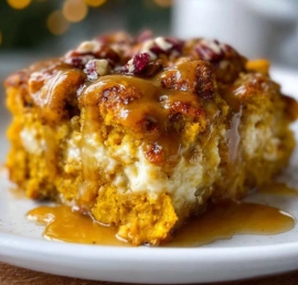 Delicious Pumpkin Cottage Cheese Breakfast Bake served in a warm dish