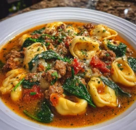 Delicious quick tortellini soup with sausage and spinach in a bowl