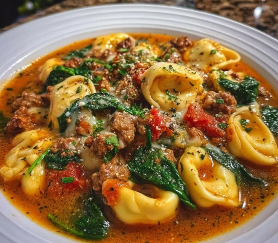 Delicious quick tortellini soup with sausage and spinach in a bowl