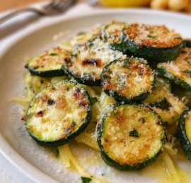 Plate of roasted zucchini with parmesan, garnished with herbs