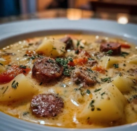 Bowl of delicious sausage potato soup with vegetables and herbs