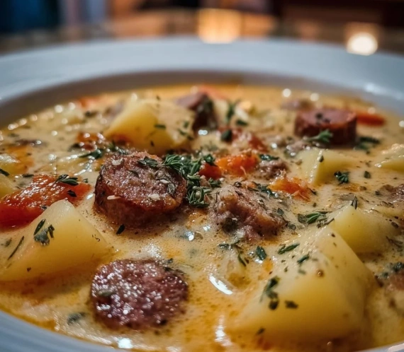 Bowl of delicious sausage potato soup with vegetables and herbs