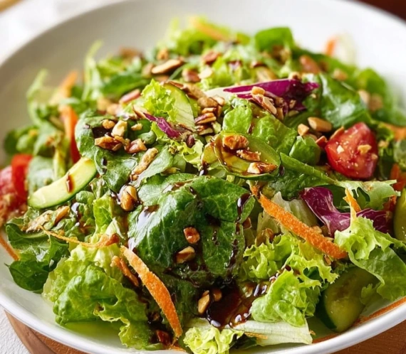 Simple mixed greens salad topped with balsamic vinaigrette dressing