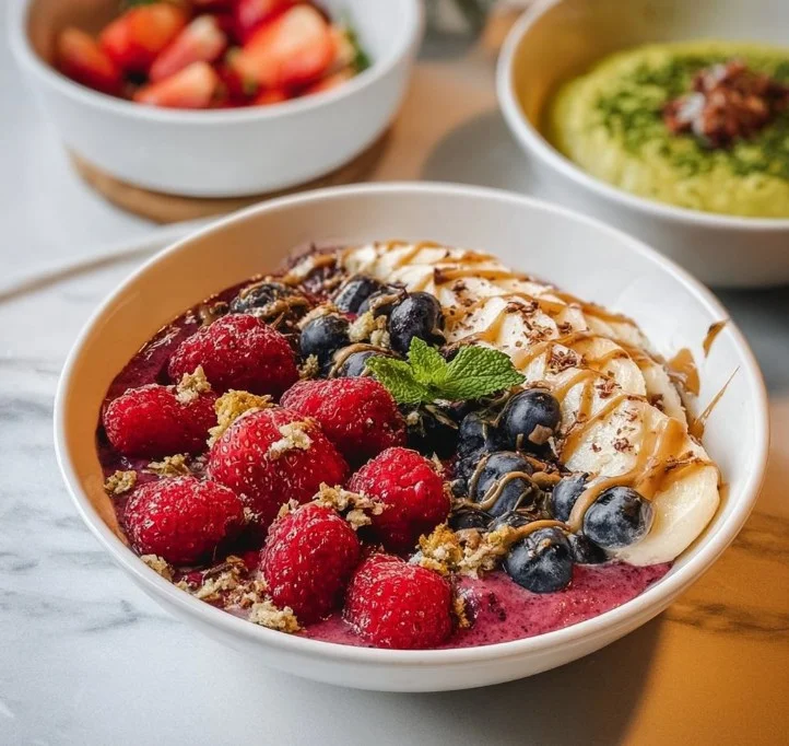 Colorful smoothie bowl topped with fresh fruits and nuts.