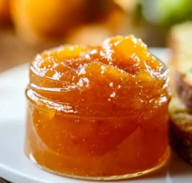 Jar of sweet peach zucchini jam with fresh peaches and zucchini on a wooden table.