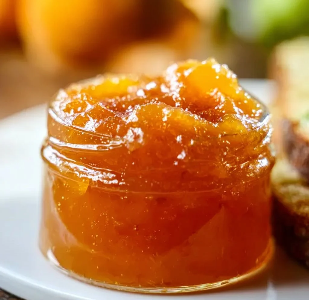 Jar of sweet peach zucchini jam with fresh peaches and zucchini on a wooden table.