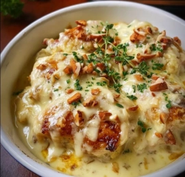 Delicious Swiss Chicken Casserole topped with melted cheese and herbs
