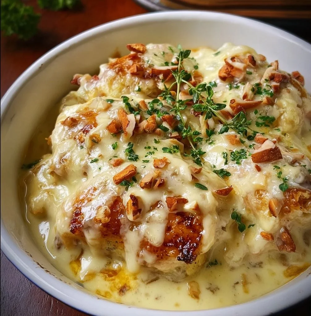 Delicious Swiss Chicken Casserole topped with melted cheese and herbs