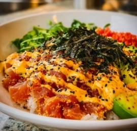 Tuna Sushi Bowl featuring fresh tuna, rice, and vibrant toppings