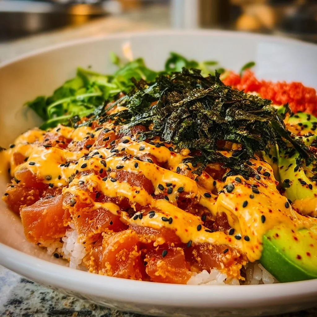 Tuna Sushi Bowl featuring fresh tuna, rice, and vibrant toppings