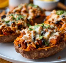 Turkey stuffed sweet potatoes topped with herbs and spices, a healthy meal option.