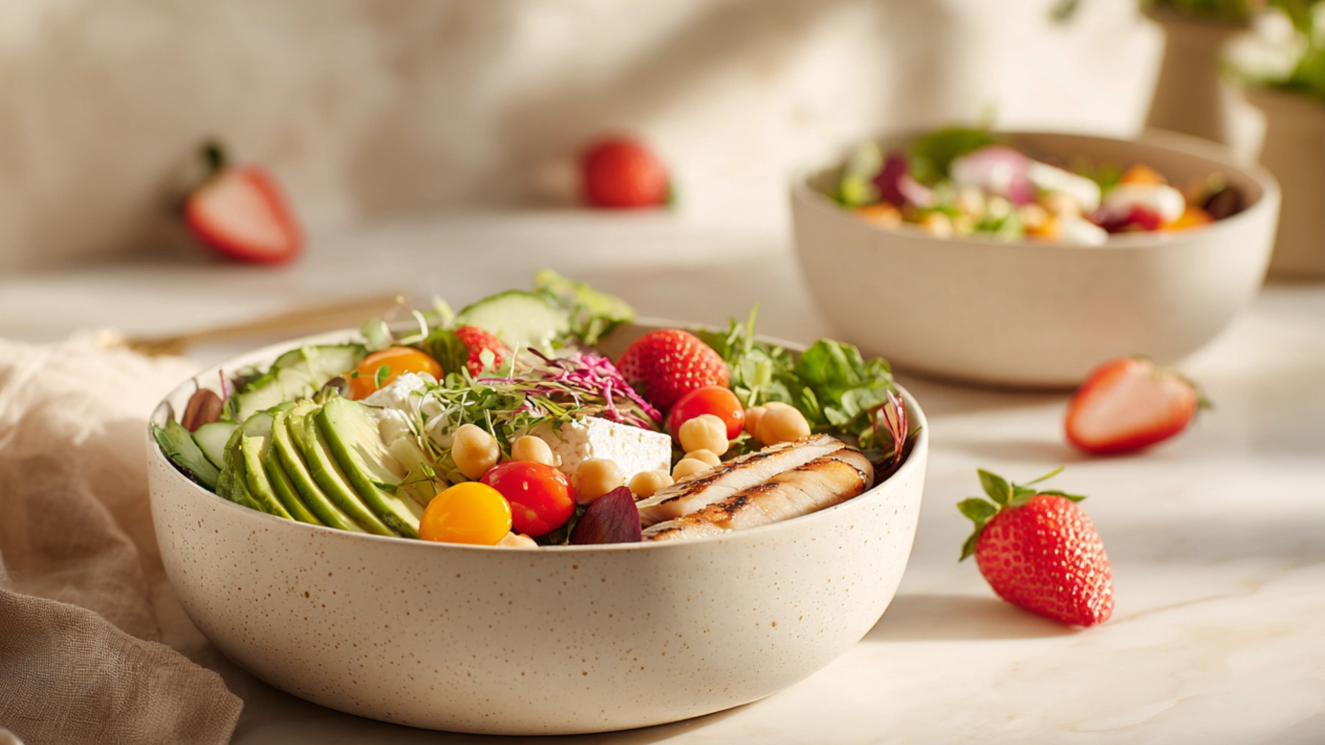 Colorful healthy salad recipes with fresh vegetables, grilled chicken, avocado, feta and seasonal ingredients