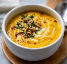 Bowl of creamy acorn squash soup garnished with herbs