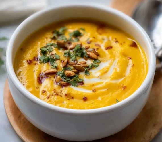 Bowl of creamy acorn squash soup garnished with herbs