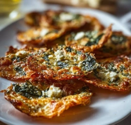 Crispy spinach and feta crisps on a plate, a healthy snack option