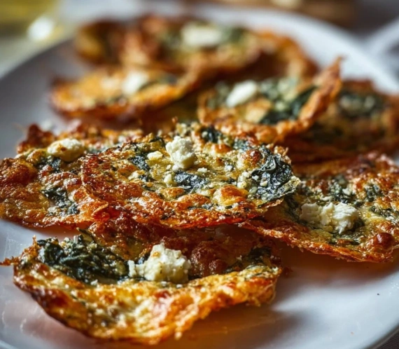 Crispy spinach and feta crisps on a plate, a healthy snack option