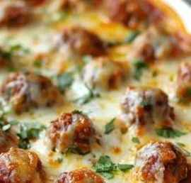 Delicious Dump and Bake Meatball Casserole served in a baking dish