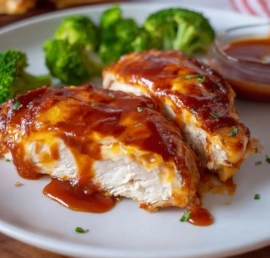 Oven baked BBQ chicken breast served with sides on a plate.