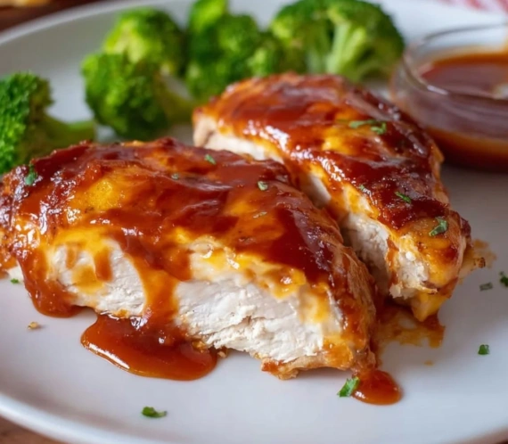 Oven baked BBQ chicken breast served with sides on a plate.