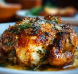 Easy roasted chicken with garlic and herbs on a serving platter