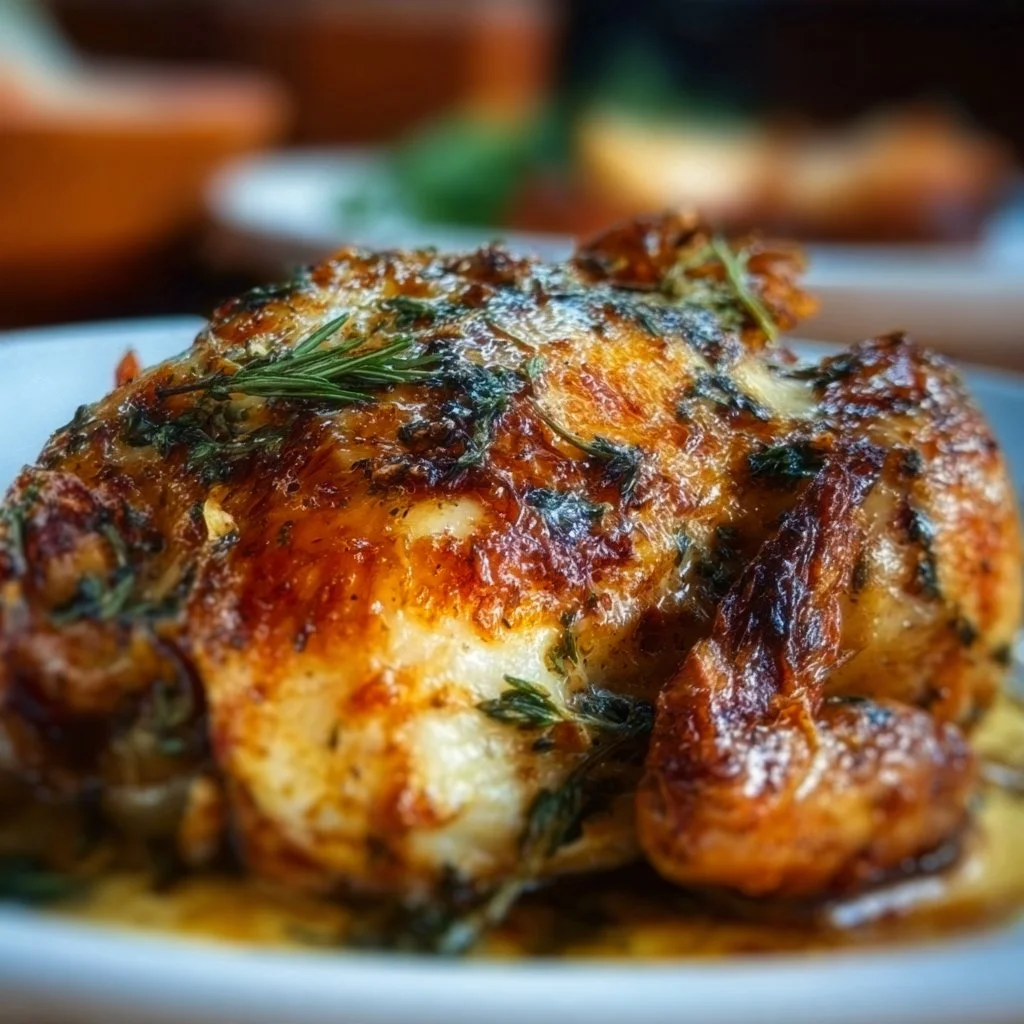 Easy roasted chicken with garlic and herbs on a serving platter
