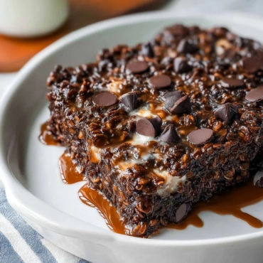Healthy brownie baked oatmeal served in a bowl with chocolate drizzle and nuts