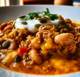 High protein turkey pumpkin white bean chili in a pot ready to serve.