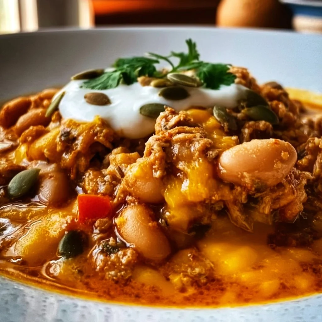 High protein turkey pumpkin white bean chili in a pot ready to serve.