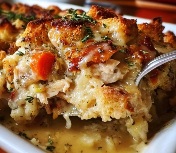 Delicious Rotisserie Chicken and Stuffing Casserole dish served in a baking dish.
